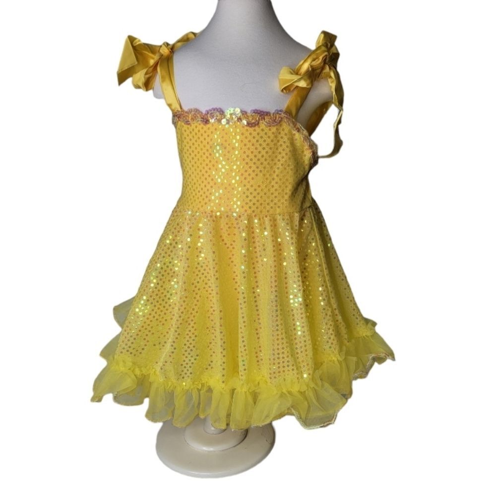 Art Stone yellow leotard dress size S sequins ruffle dance *
